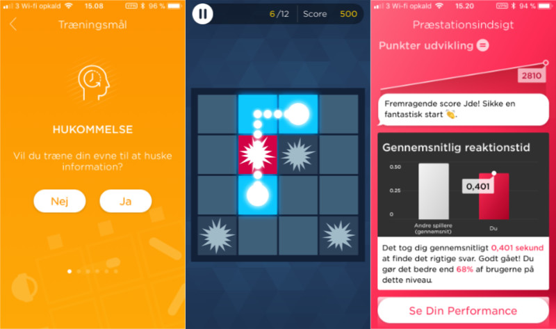 Et par screenshots fra hjernetrænings appen Peek. Her vises et valgt trænings mål, et minispil og en præstationsindsigt over ens udvikling.