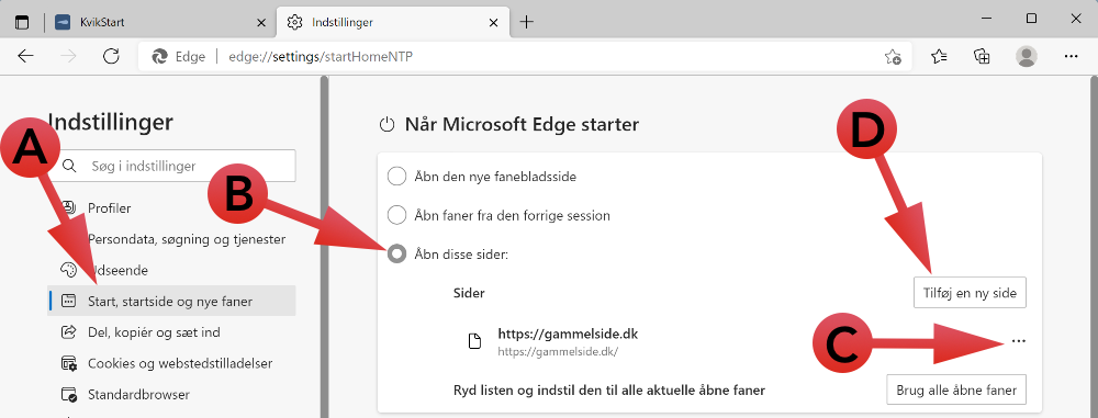 Indstil startside i edge