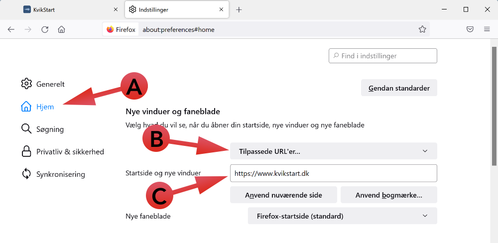 Firefox startside indstillinger